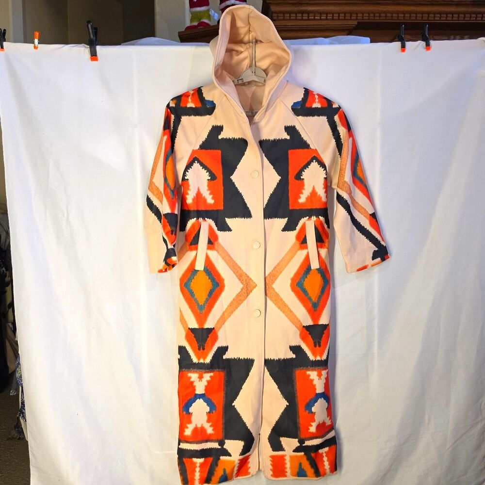 Southwestern Aztec Hooded Duster Coat Blanket Trench Jacket Geometric Womens M